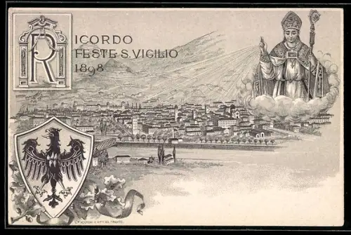 Lithographie Trento, Feste S. Vigilio 1898, Panorama der Stadt, Wappen