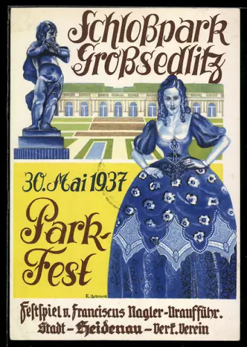 Künstler-AK Heidenau, Parkfest am 30. Mai 1937 im Schlosspark Grosssedlitz, Ganzsache