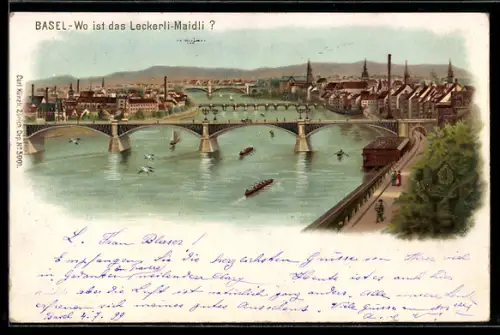 Lithographie Basel, optische Täuschung Wo ist das Leckerli-Maidli?, Panorama mit Brücke