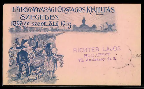 AK Szeged, Bäuerliche Gesellschaft auf dem Weg in den Ort mit Windmühle