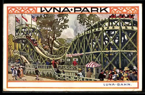 Künstler-AK H. Kalmsteiner: Wien, 1. Internationale Jagdausstellung im Jahr 1910, Partie im Luna-Park mit Luna-Bahn