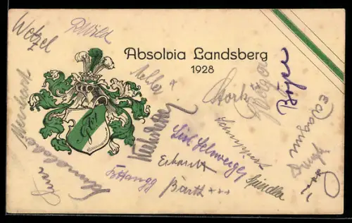 AK Landsberg, Absolvia aus dem Jahr 1928 mit Studentenwappen und Zirkel