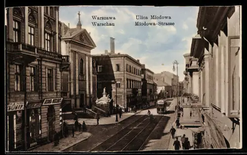 AK Warschau-Warszawa, Ulica Miodowa mit Strassenbahn