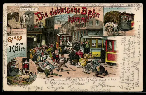 Lithographie Köln, Strassenbahnen am Cafe Felsche, Unangenehmer Zusammenstoss