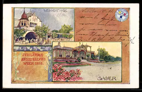 Künstler-AK Wien, Jubiläums-Ausstellung 1898, Weinkosthalle, Cafe Sacher, Jugendstil