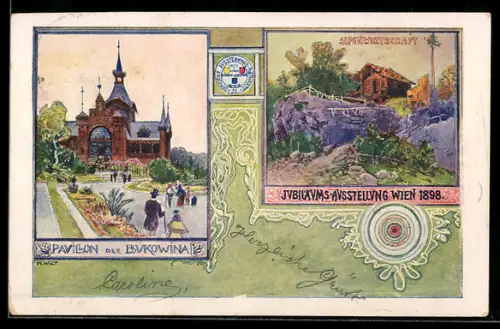 AK Wien, Jubiläums-Ausstellung 1898, Alpenwirtschaft, Pavillon der Bukowina, Jugendstil