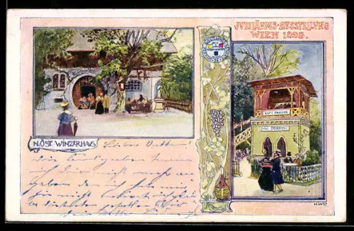 Künstler-AK Wien, Jubiläums-Ausstellung 1898, Gasthof N.-Öst. Winzerhaus, Asti-Pavillon, Jugendstil