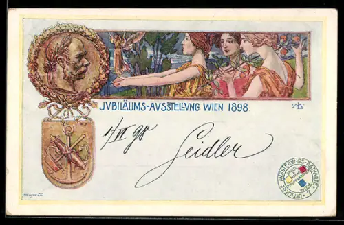 Künstler-AK Philipp + Kramer: Wien, Jubiläums-Ausstellung 1898, Junge Frauen mit Blumen und Profilbild