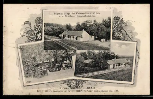 AK Wien, Lobau, Ed. Grills Gasthaus zum Rothen Hiasl am Schutzdamm 128, Aussenansichten