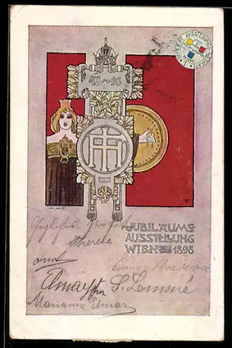 Künstler-AK Wien, Jubiläums-Ausstellung 1898, Kriegerin mit Schild, Jugendstil