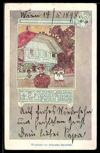 Künstler-AK Wien, Jubiläums-Ausstellung 1898, Weinstube zur Admonter Jägerhütte