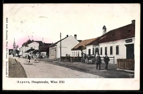 AK Wien, Aspern, Hauptstrasse mit Blick zur Kirche