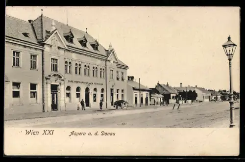 AK Wien, Aspern, Café-Restaurant v. M. Feitsinger, Strassenpartie