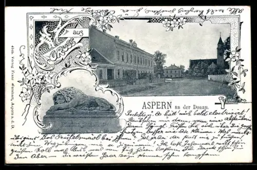 AK Aspern an der Donau, Platz mit Kirche und Löwen-Denkmal