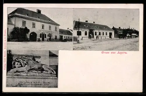 AK Wien, Aspern, Strassenpartie und Löwenstatue