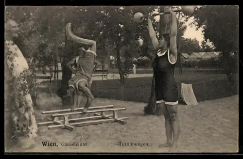 AK Wien, Gänsehäufel, Mädchen bei Turnübungen