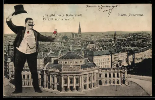 AK Wien, Burgtheater, Grüssender Wiener schwenkt seinen Hut