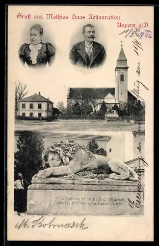 AK Aspern a. D., Restaurant Mathias Haas, Kirche und Löwen-Statue