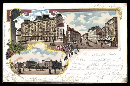 Lithographie Wien, Reinwein`s Hotel Holzwarth, Westbahnhof und Mariahilferstrasse