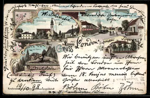 Lithographie Wien, Aspern, Kirchenplatz, K. K. Jagdhaus, Löwe von Aspern, Strassenpartie