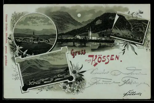 Mondschein-Lithographie Kössen, Walchsee, Ortsansicht, Reit im Winkl