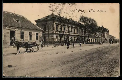 AK Wien-Aspern, Strassenpartie mit Gasthaus M. Feitsinger