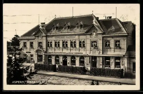 AK Wien, Aspern, Café und Restaurant von Adolf Reznizek am Siegesplatz