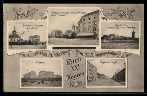 AK Wien-Kagran, Kaserne, Wagramerstrasse, Schrickers Cafe Kragan, Endstation mit Kirche