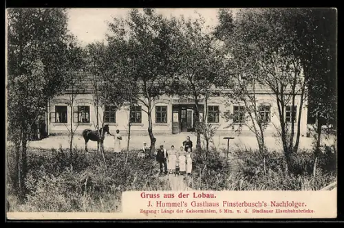 AK Stadlau /Lobau, J. Hummels Gasthaus Finsterbuschs Nachfolger, Ansicht mit kleiner Versammlung u. Pferd