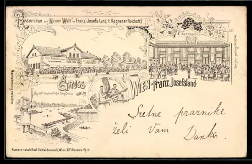 Lithographie Wien, II. Bezirk, Kagran, Restaurant Zur Neuen Welt in Franz-Josefs-Land, Bes. Carl Marhold
