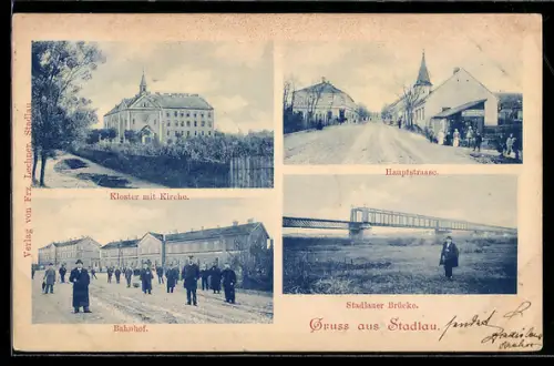 AK Wien-Stadlau, Bahnhof, Kloster mit Kirche, Hauptstrasse