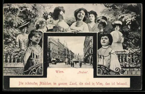 AK Wien, Strassenpartie am Graben, Schöne Frauen umringen das Bild