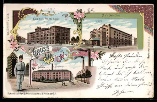 Lithographie Wien-Leopoldstadt, K. u. K. Militär Verpflegungs-Magazin, K. u. K. Hafer-Depot, K. u. K. Backhaus