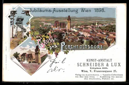 Lithographie Wien, Jubiläums-Ausstellung 1898, Ansicht Perchtoldsdorf, Kunst-Anstalt Schneider & Lux, Franzensgasse 27