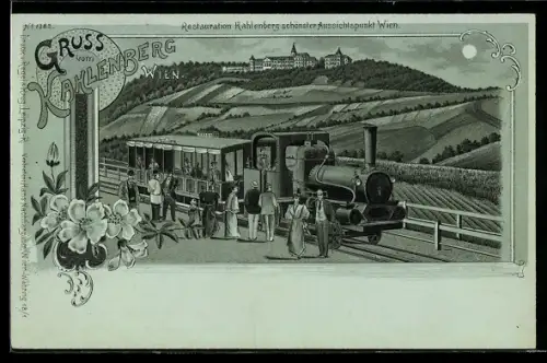 Mondschein-Lithographie Wien, Kahlenberg, Restaurant Kahlenberg, Bergbahn