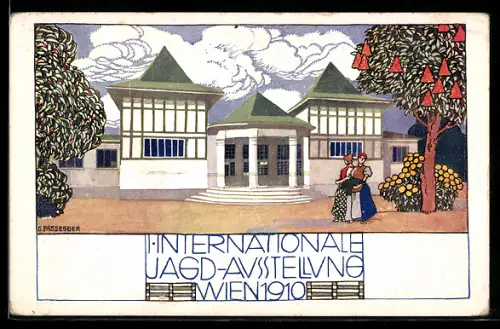 AK Wien, 1. Internationale Jagdausstellung 1910, Ortspartie mit Frauen in Trachten