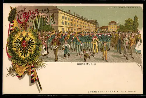Lithographie Wien, Burgmusik an der Heumarkt-Kaserne, Wappen