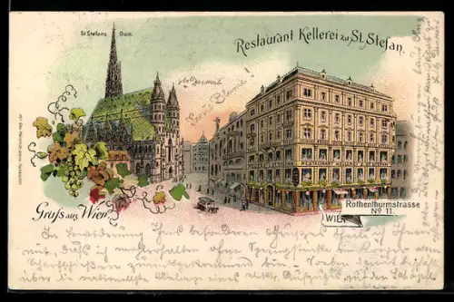 Lithographie Wien, Restaurant Kellerei zu St. Stefan, Pferdebahn, St-Stefans-Dom