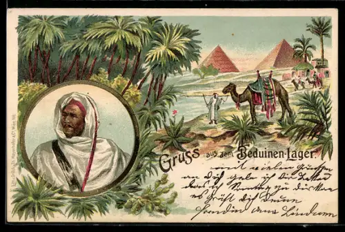 Lithographie Gizeh, Beduinen-Lager und Mann mit Kamel