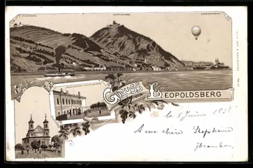 Lithographie Wien, Leopoldsberg, Restaurant Leopoldsberg, Kirche, Kahlenberg und Klosterneuburg mit Ballon