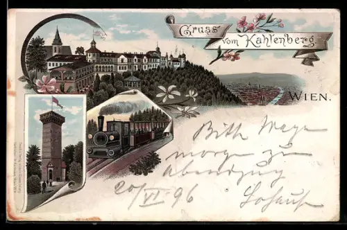 Lithographie Wien, Hotel auf dem Kahlenberg, Aussichtsturm und Eisenbahn