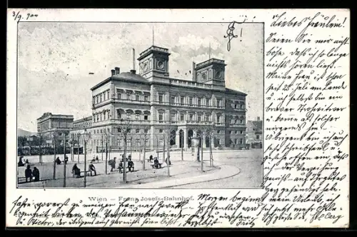 AK Wien, Franz Josefs-Bahnhof mit Leuten im Park