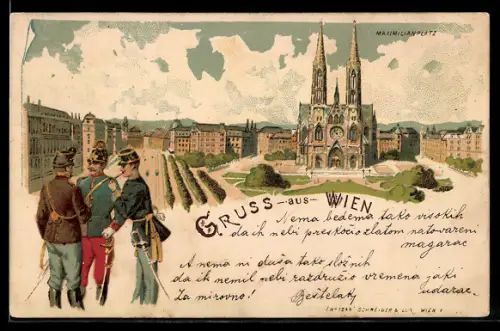 Lithographie Wien IX, Maximilianplatz mit Kirche, Männer in Uniform im Gespräch im Vordergrund