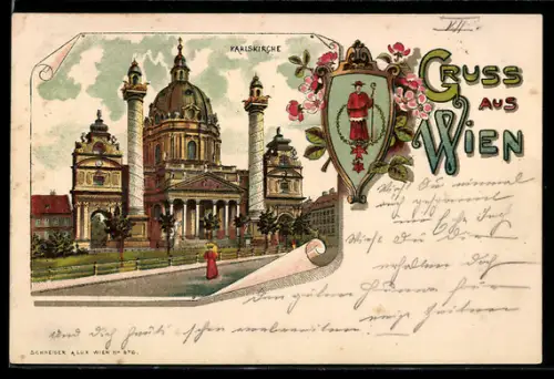 Lithographie Wien, Blick auf die Karlskirche