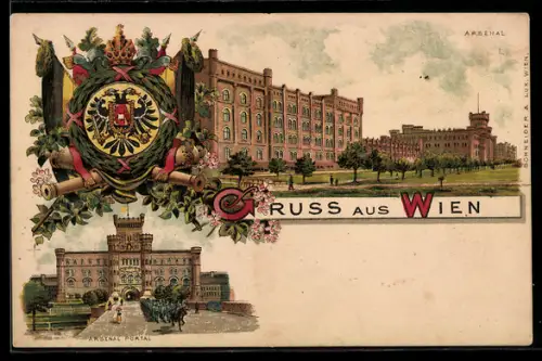 Lithographie Wien, Ansichten des Arsenal Portals, Wappen