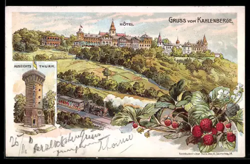 Lithographie Wien-Kahlenberg, Aussichtsturm, Hotel und Bergbahn