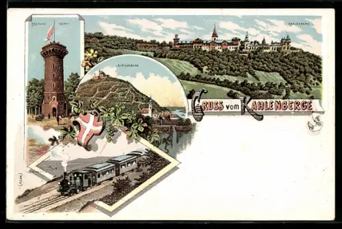 Lithographie Wien, Kahlenberg, Hotel, Stefanie-Warte, Leopoldsberg, Wappen, Eisenbahn