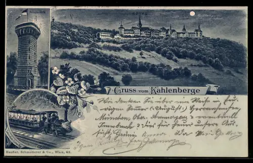 Mondschein-Lithographie Wien, Kahlenberg, Hotel, Aussichts-Warte, Zahnradbad System Rigi