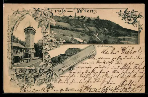 AK Wien, Stefanie-Warte, Hotel Kahlenberg, Kahlenberg und Leopoldsberg von der Donau gesehen