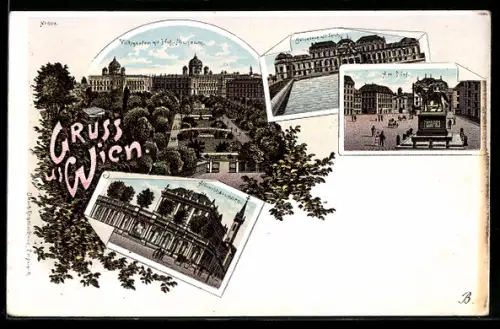 Lithographie Wien, Volksgarten mit Hof-Museum, Belvedere mit Teich, am Hof